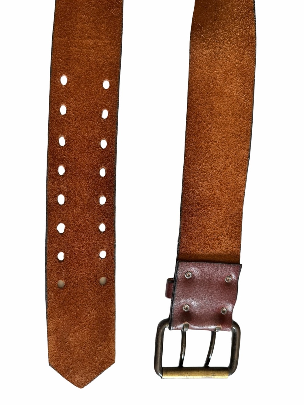 Vintage Brown Wide Leather Belt Brass Double Prong Buckle - Picture 4 of 6